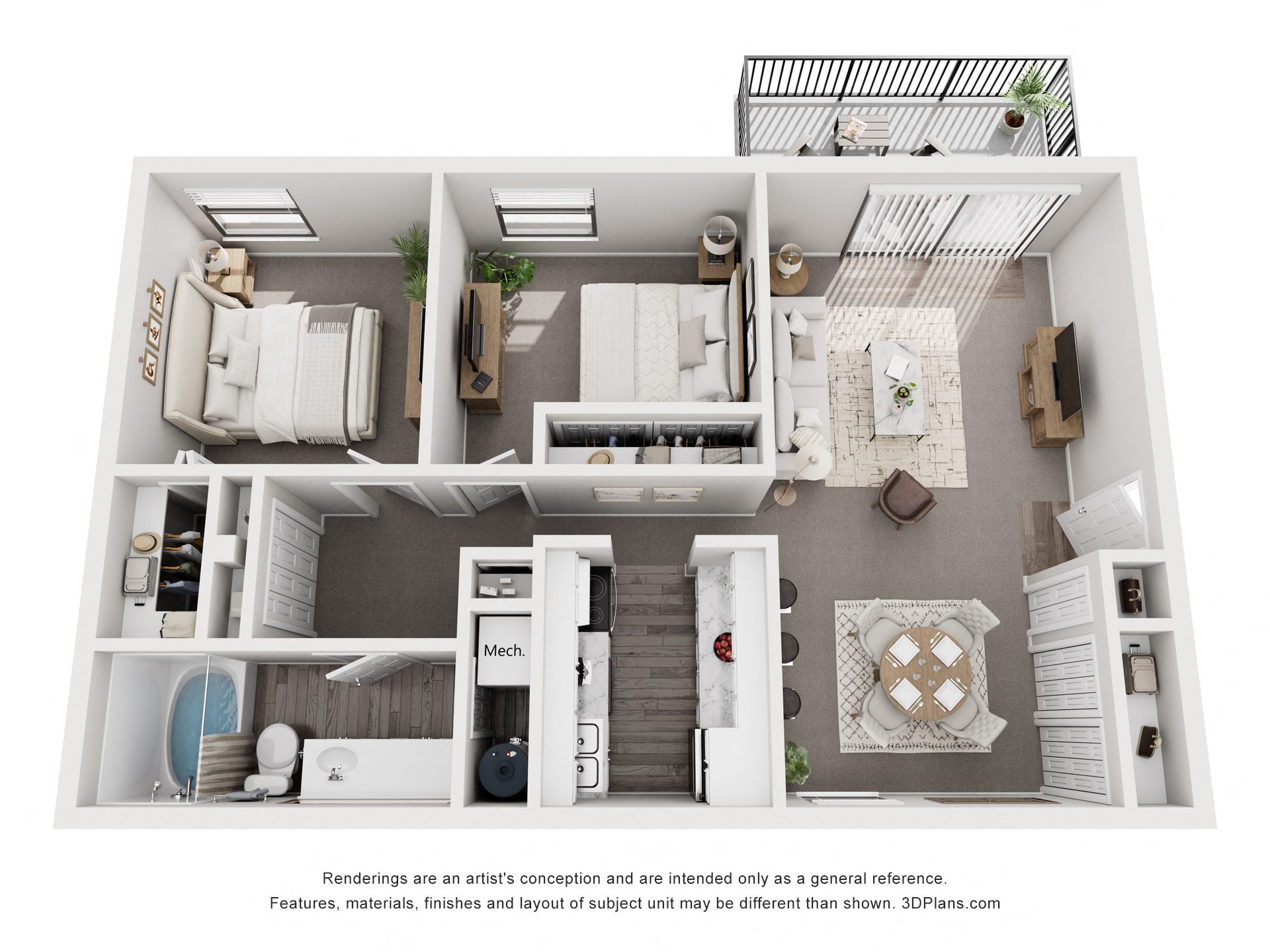Floor plan for 2 beds, 1 bath, 936 sqft